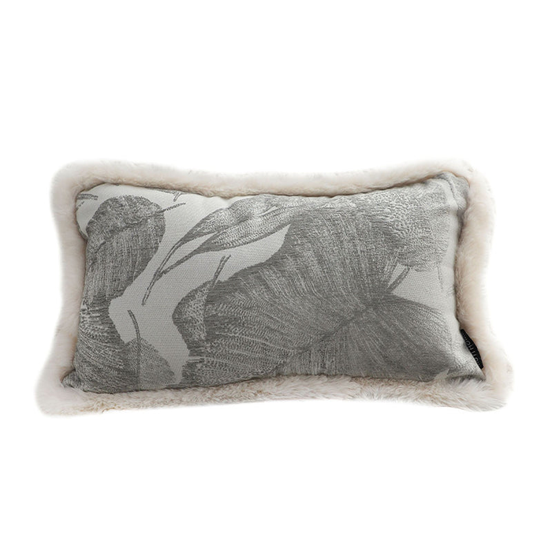 Rectangular Lumbar Throw Pillow Velvet 30x50cm Silver Raised Embroidered Leaf