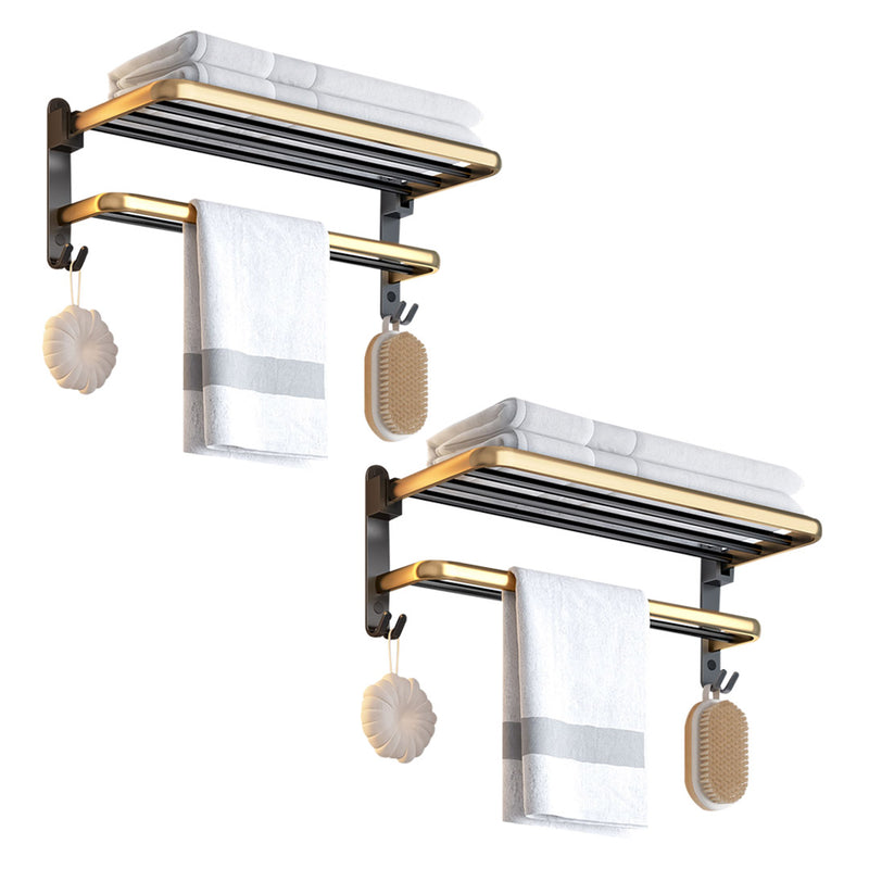 2X 62cm Wall Mounted Double Pole Aluminum Towel Rack Black Gold With Hooks