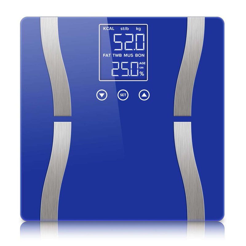 Digital Glass Body Fat Scale LCD Display 180kg Capacity 8 Users Blue