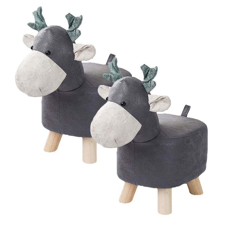 2X Grey Round Children Ottoman Stool Deer Design Polyurethane Solid Pine 28x26cm