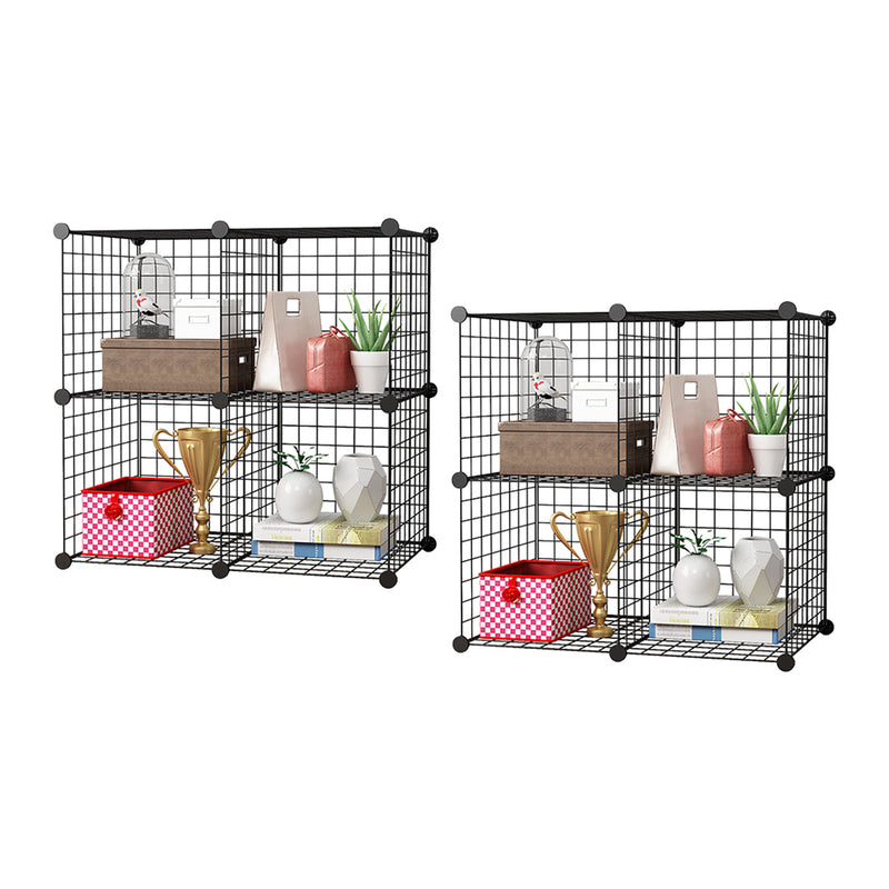 2X Black Portable 4 Cube Storage Organizer Iron Wire Mesh Space Saving Shelf