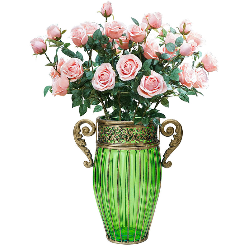 Green Glass Vase with 8 Bunch 5 Heads Silk Rose Flower Home Decor 12x14x27cm