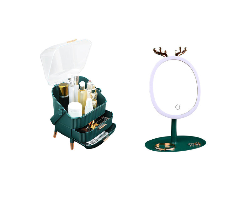 Green Vanity Tabletop Organizer with Antler LED Mirror Makeup Storage Set
