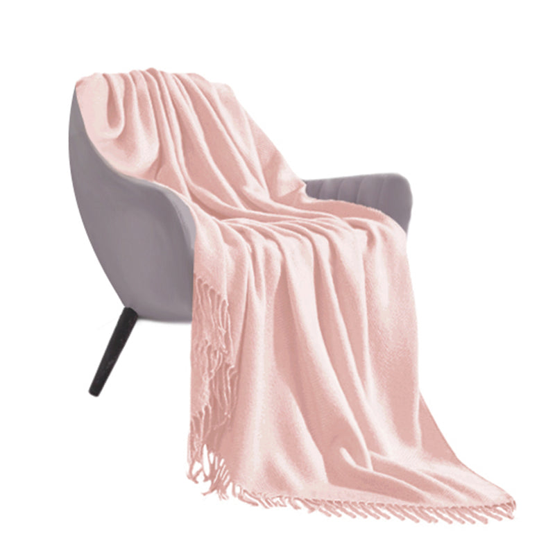 Pink Acrylic Knitted Throw Blanket 130x220cm Fringed Cozy Home Decor