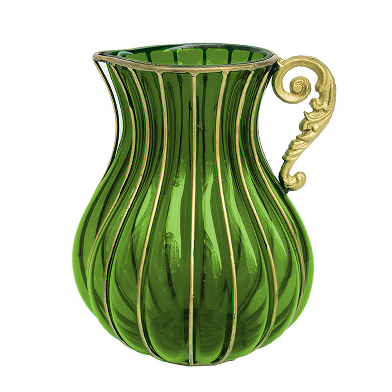 Green Glass Flower Vase 16cm x 29cm Gold Metal Handle Home Decor