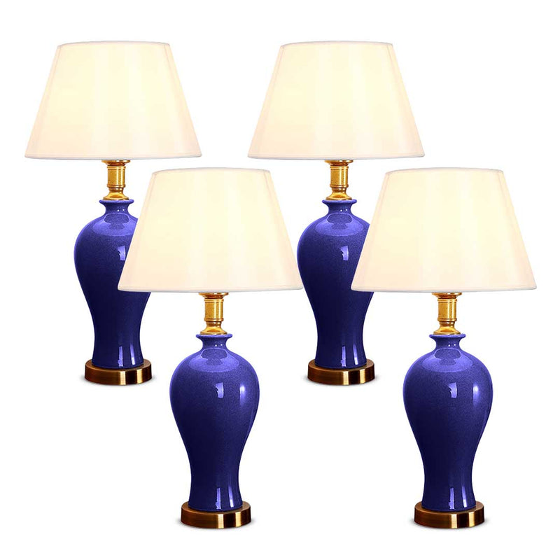 4X Blue Ceramic Oval Table Lamp Gold Metal Base Fabric Drum Shade 46cm