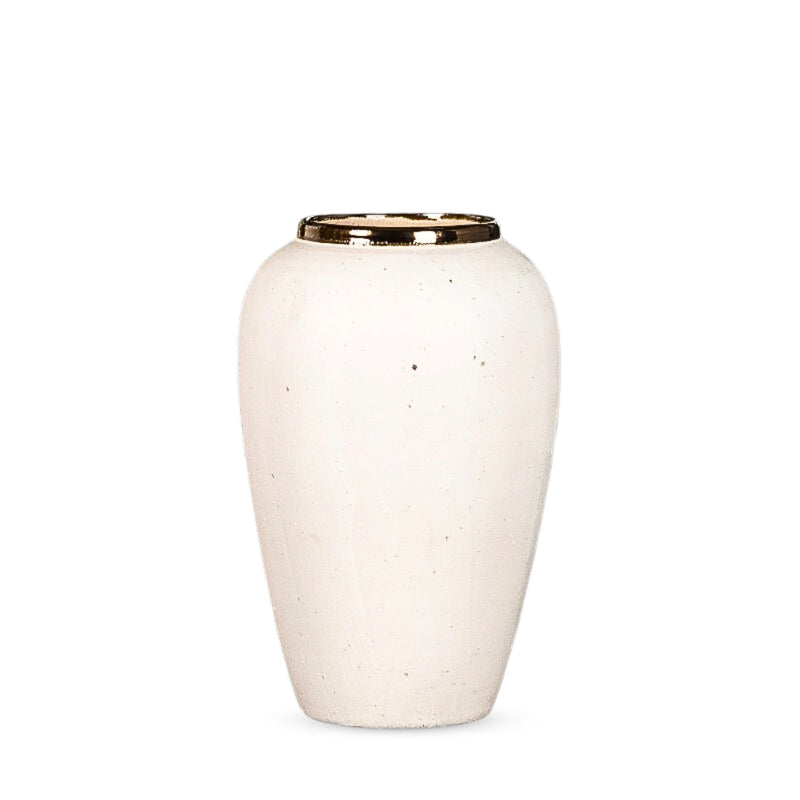 Medium White Ceramic Flower Vase Gold Accent Home Decor Elegant Display Piece