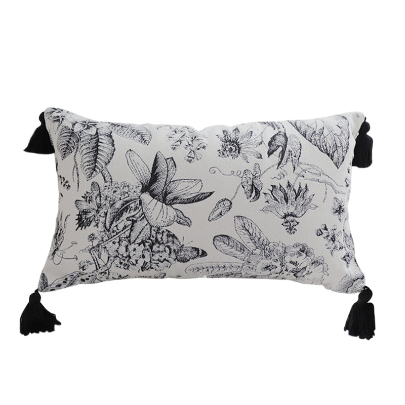 Throw Pillow Polyester Cotton 35x55x18cm Black And White Floral Tassel Accents