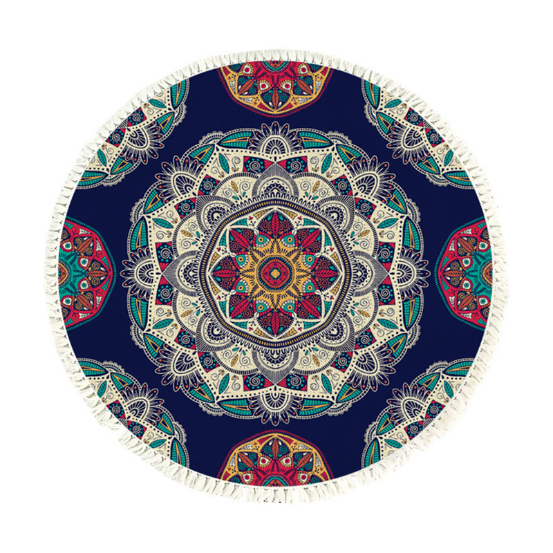 90cm Round Mandala Area Rug Polyester Non Slip Backing Blue