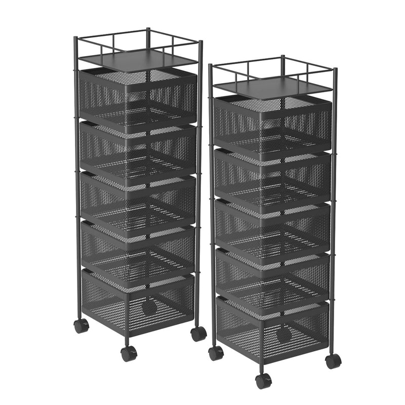 2X 5 Tier Carbon Steel Rotating Kitchen Cart Square Organizer With Wheels Black