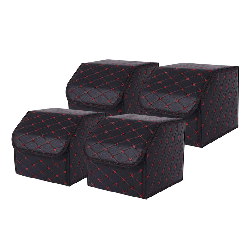 4X Leather Car Boot Organizer Box Foldable Small Black Red Stitch Portable
