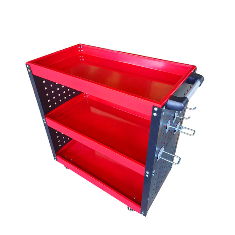 3 Tier Red Tool Storage Cart Portable Heavy Duty Trolley with Hooks