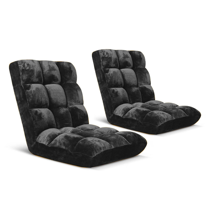 2X Folding Floor Recliner Flannel Lounge Sofa Chair 6 Positions Black