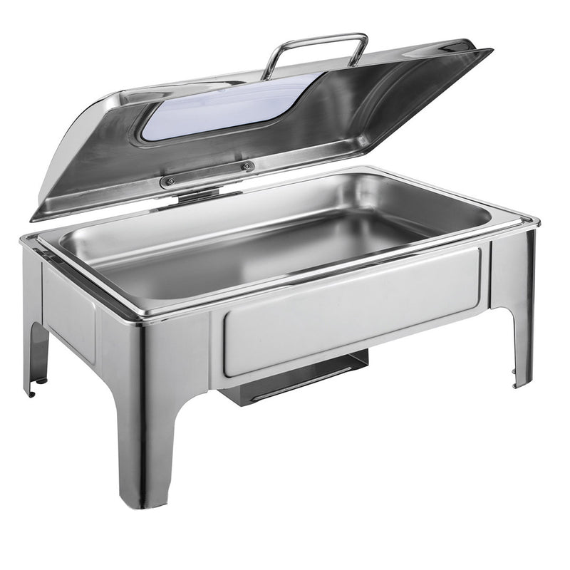 9L Rectangular Stainless Steel Chafer With Roll Top Glass Lid Buffet Warmer