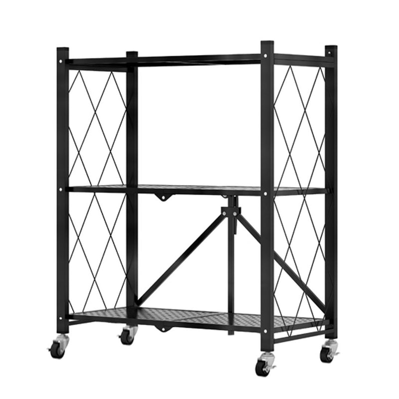 3 Tier Carbon Steel Foldable Kitchen Cart Black Wheels 71x38x90cm 20Kg Per Shelf