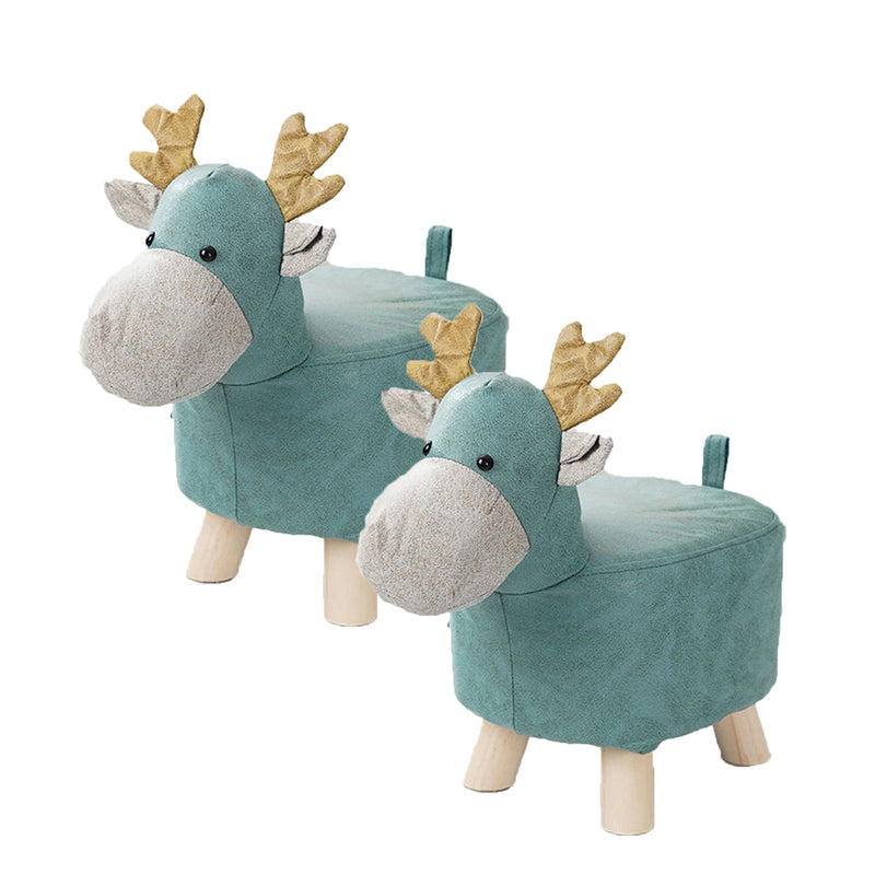 2X Green Children Deer Character Round Ottoman Stool Polyurethane Sponge 28x26cm