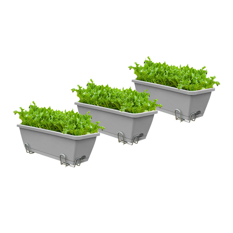 Gray Rectangular Planter Set of 3 Plastic Box with Holder for Garden Balcony
