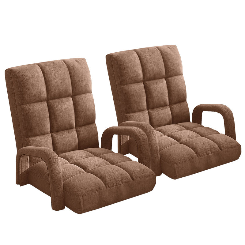 2X Foldable Adjustable Floor Recliner Chairs Linen Armrest Coffee 135x58x20cm