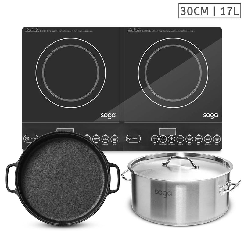 Dual Induction Cooktop 30cm Cast Iron Skillet 17L Stainless Steel Stockpot