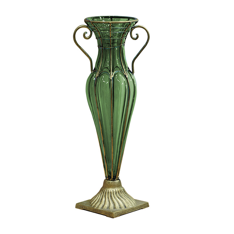 Green Glass Flower Vase 47cm Tall Solid Base Two Gold Metal Handles