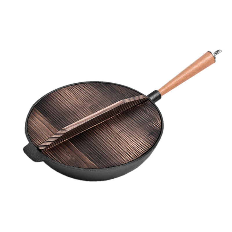 31cm Cast Iron Wok Fry Pan Nonstick Black for Induction and Gas Cooktops