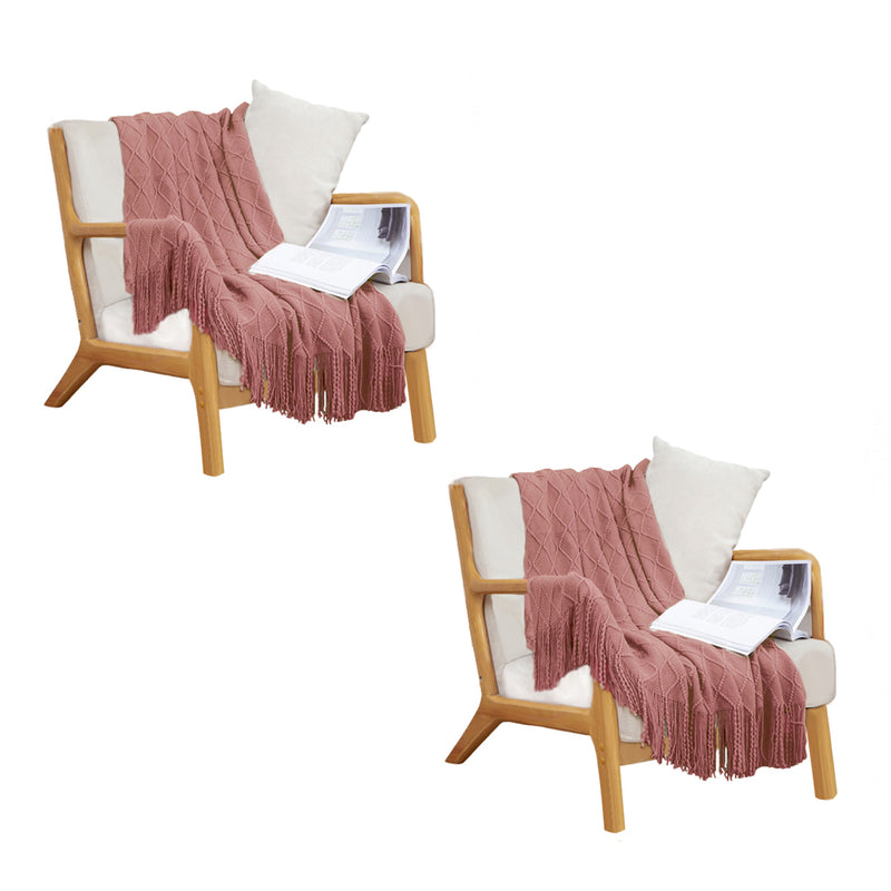 2X Pink Knitted Throw Blanket Diamond Pattern 130x170cm Cozy Acrylic Decor