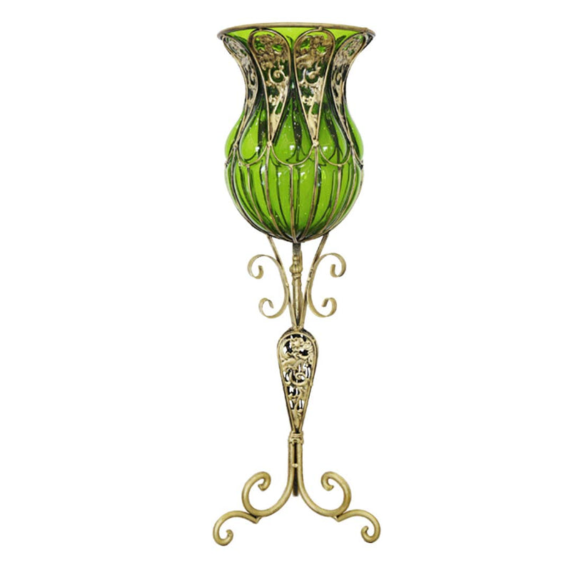 85cm Green Glass Floor Vase With Gold Metal Flower Stand 27x25x85cm