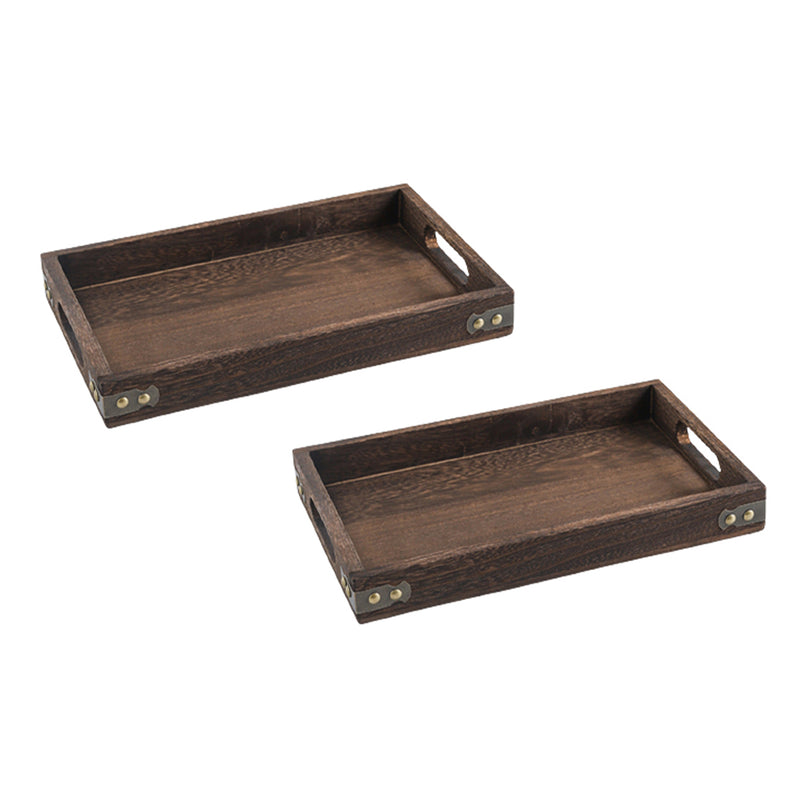 2X Small Tung Wood Rectangle Serving Trays 32x20cm Walnut Brown Cutout Handles