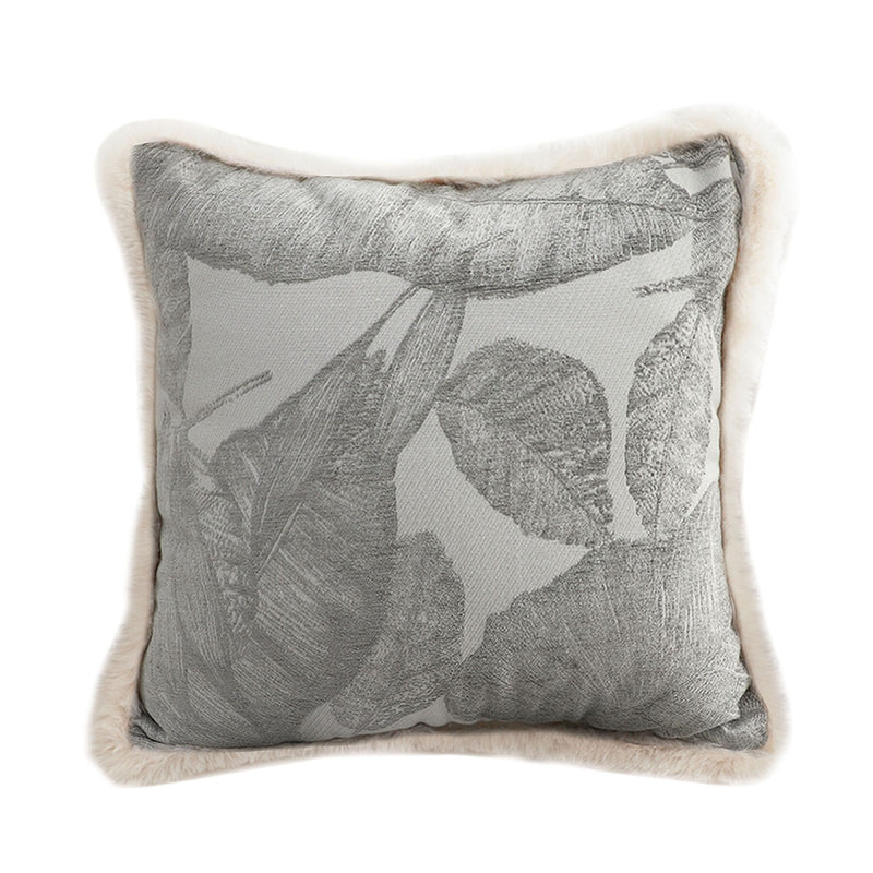 45cm Square Velvet Embroidered Leaf Throw Pillow Silver 15cm