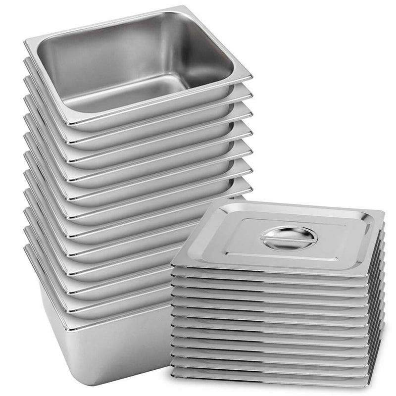 12X Full Size GN Pan Stainless Steel 20cm Deep With Lid Stackable Anti Jam