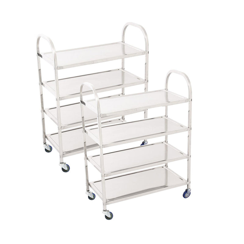 2X 4 Tier Stainless Steel Utility Cart 950x500x1220 2 Inch Tpr Wheels