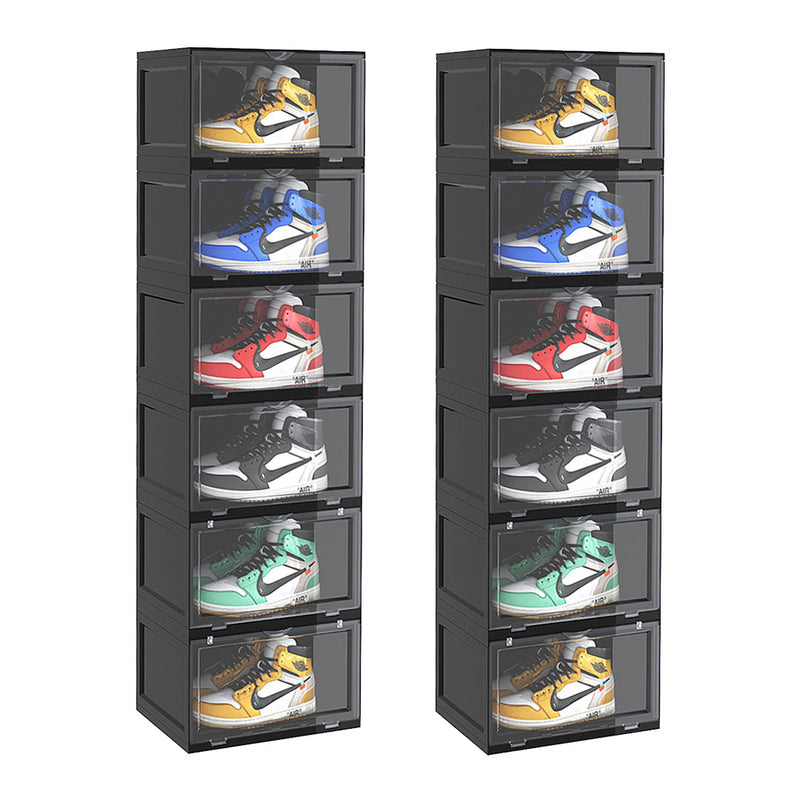 2X 6 Tier Black Shoe Organizer Folding Plastic Stackable Storage With Door