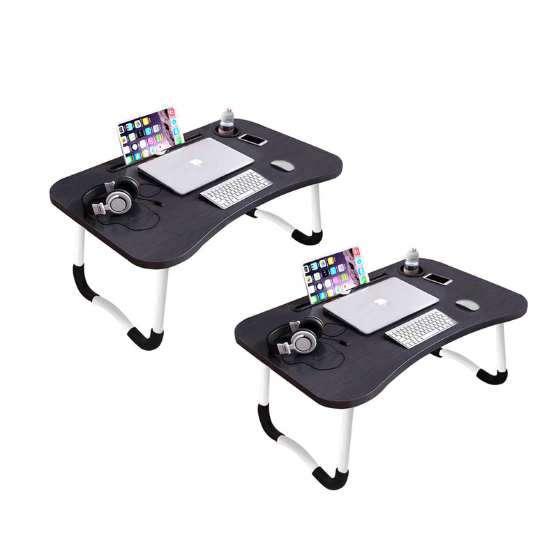 2X Portable Foldable Bed Table Mdf Aluminum Frame 60x40x28cm Black Cup Holder