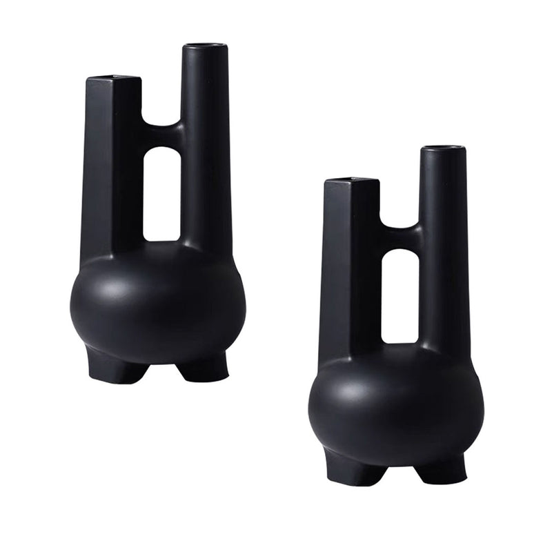 2X Ceramic Geometric Double Tube Vase 20.5x36.5Cm Matte White