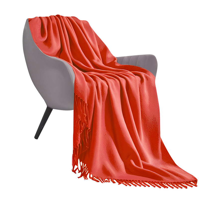 Orange Acrylic Knitted Throw Blanket Solid Fringed 130x220cm Warm Cozy Decor