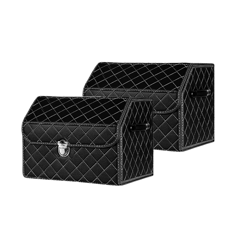 2X Leather Car Boot Organizer 38x31x29cm Foldable With Lock Black White Stitch