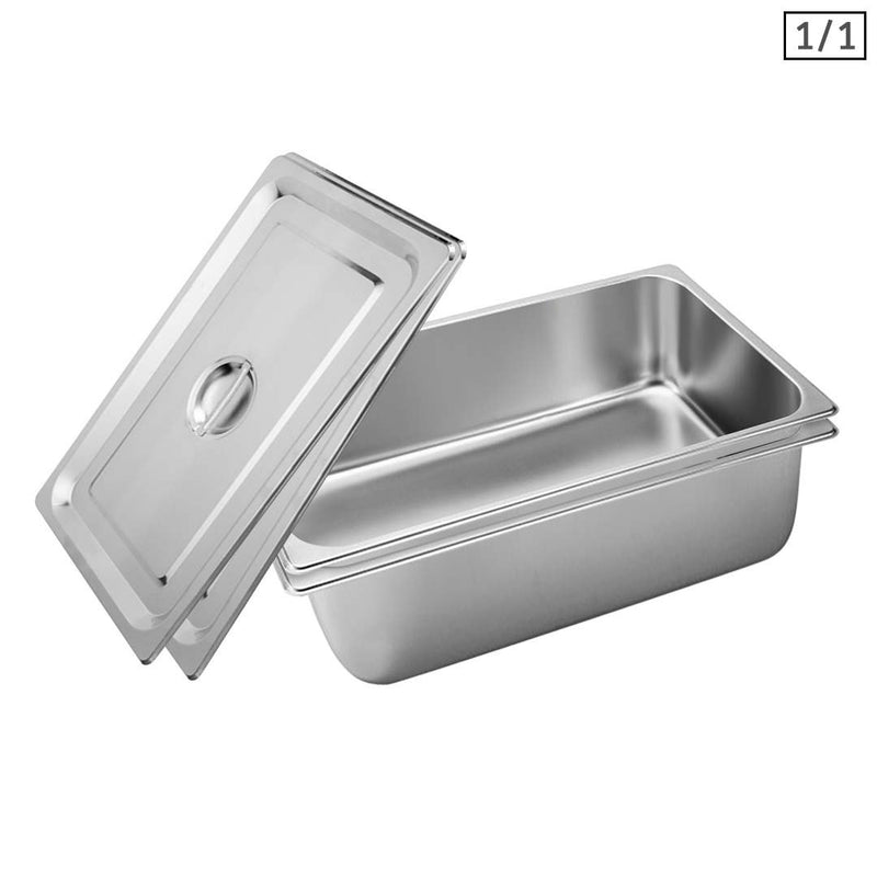 2X Full Size GN Pan Stainless Steel 53x32.5x20cm Deep Stackable With Lids