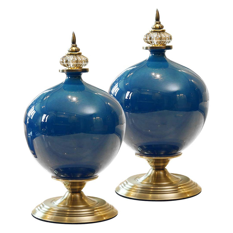 2X Ceramic Oval Flower Vases 18x38.5cm Gold Metal Base Dark Blue