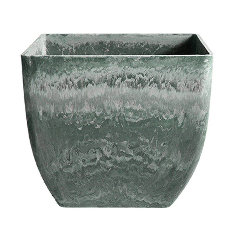 27cm Green Grey Square Resin Planter Cement Look Indoor Cachepot Tapered Pot