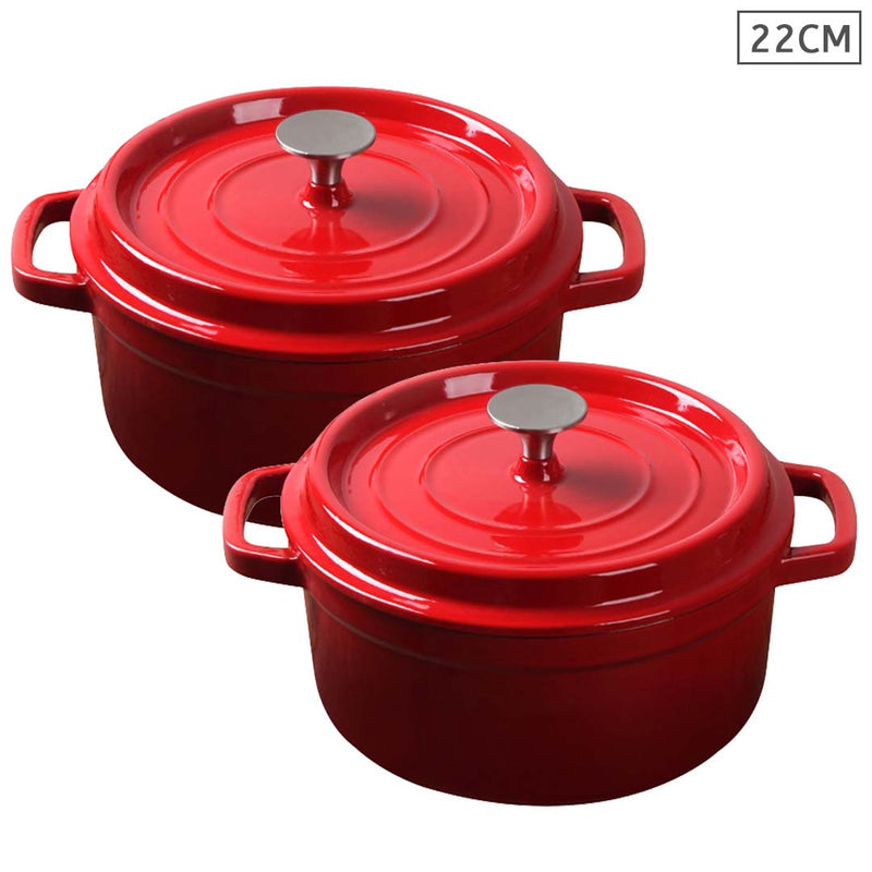 2X Cast Iron Enamel Dutch Oven 22cm 2.7L Induction Ready Red