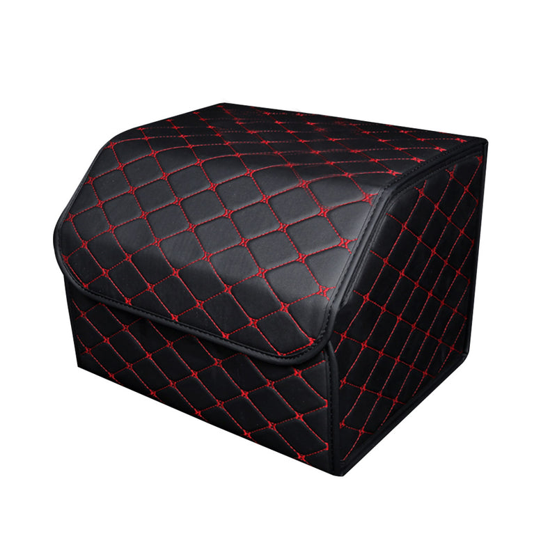 Car Boot Organizer Leather Nonwoven 40x30x30cm Foldable Black Red Stitch