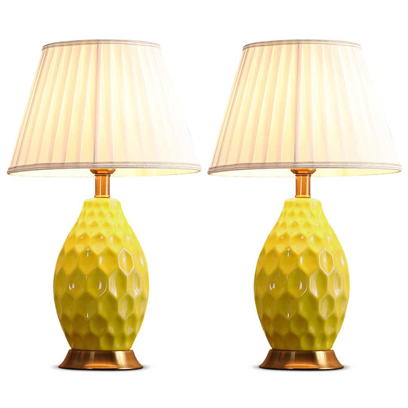 2X Textured Ceramic Oval Table Lamp Gold Metal Base Yellow 55cm Drum Shade