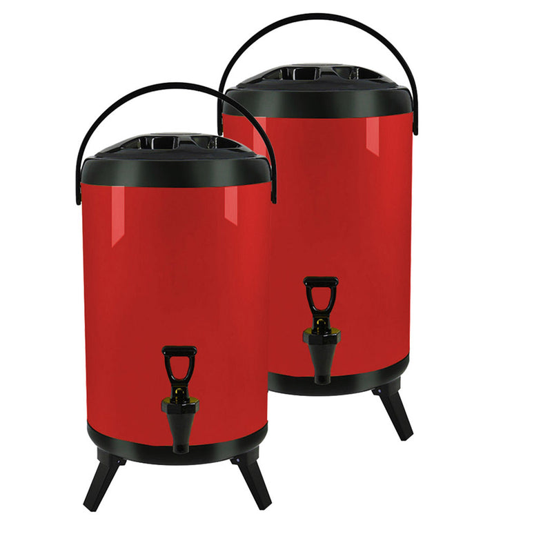 2X 14L Stainless Steel Insulated Milk Tea Beverage Dispensers With Faucet Red
