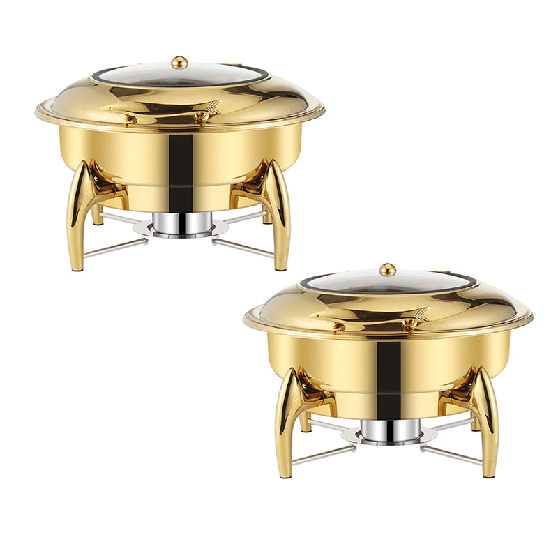 2X Gold Plated Stainless Steel Round Chafing Dish 6L With Lid