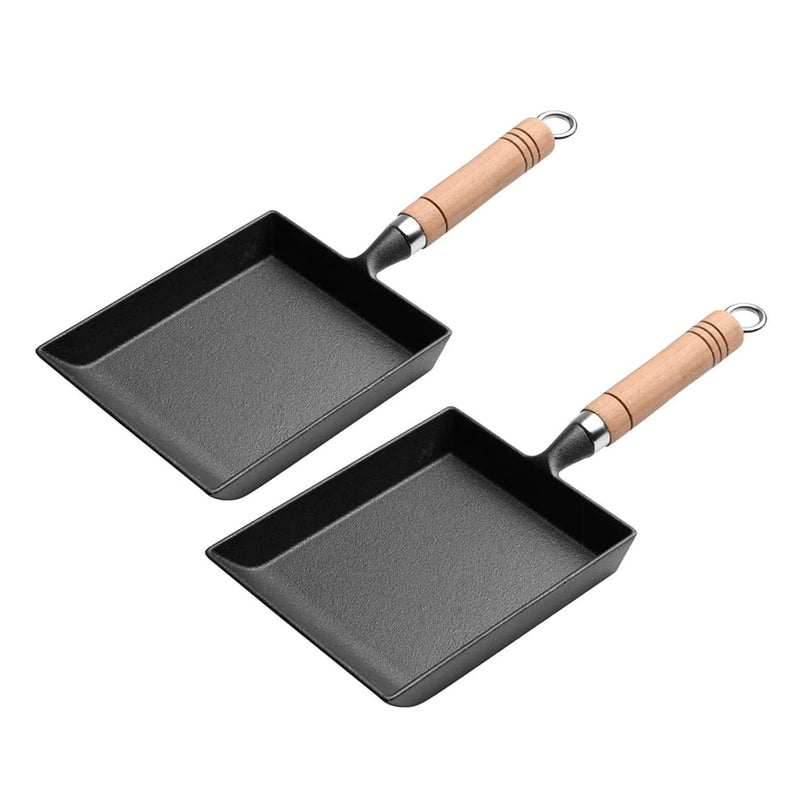 2X Cast Iron Omelette Pan Non Stick Tamagoyaki Rectangular Wooden Handle