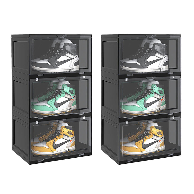 2X 3 Tier Black Portable Shoe Organizer Plastic Stackable Storage Box Magnetic Door