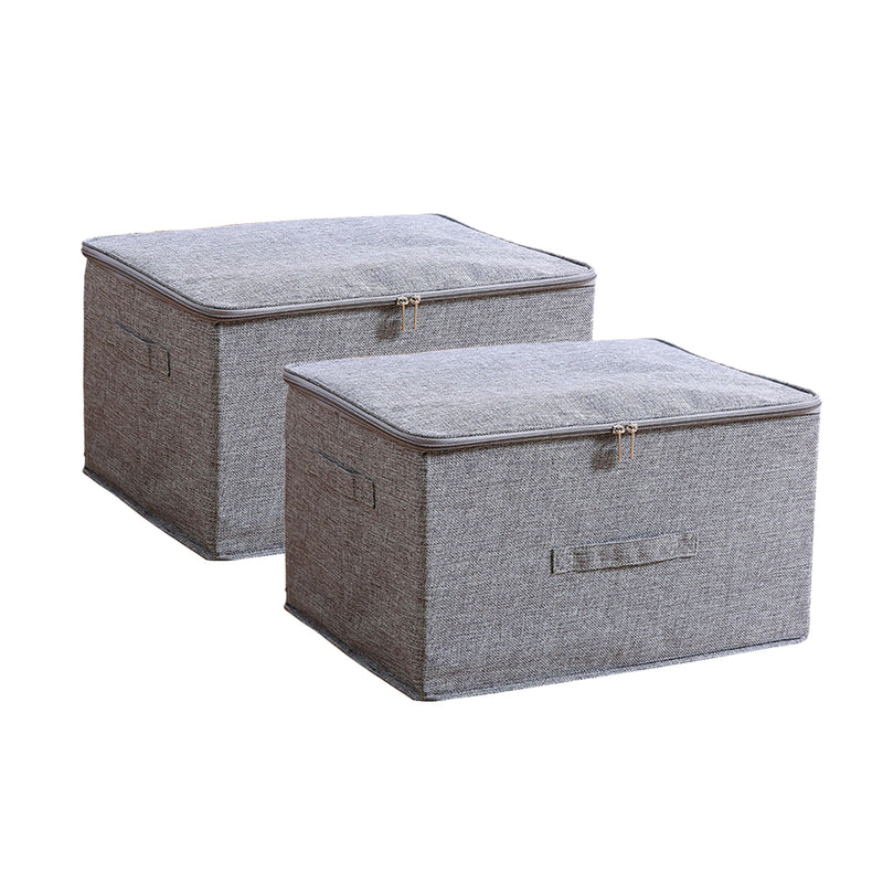 2X Large Grey Foldable Storage Box 45cmx35cmx25cm Double Zipper Polyester Cotton
