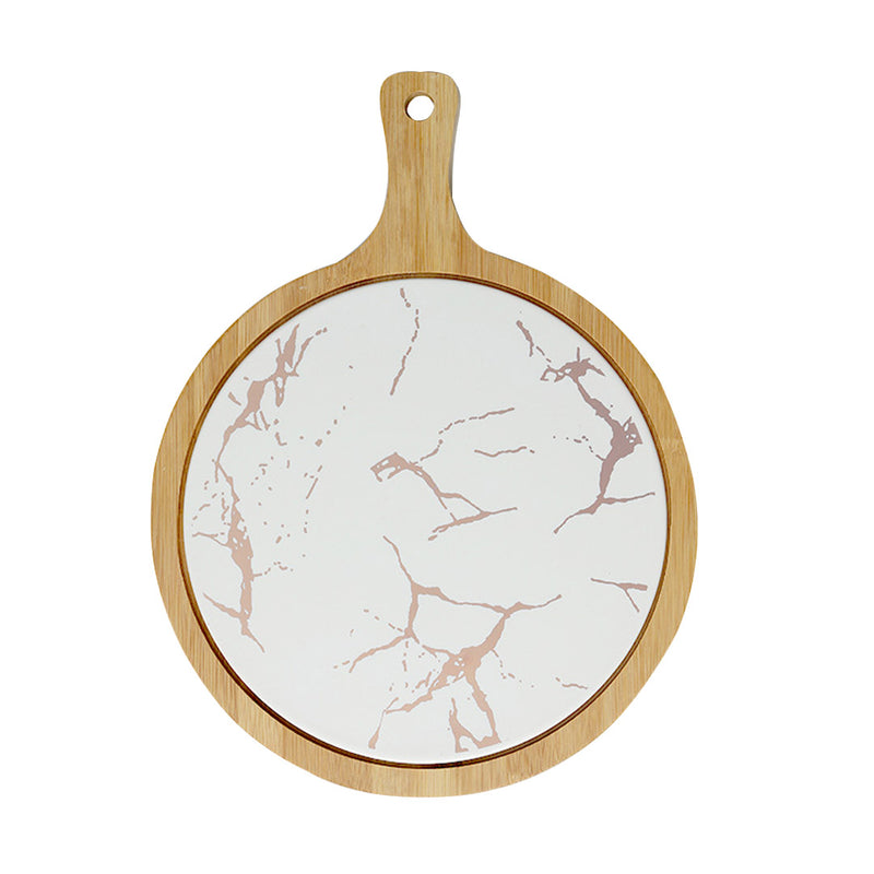 30cm White Round Wood Serving Tray Slate Center Chopping Board