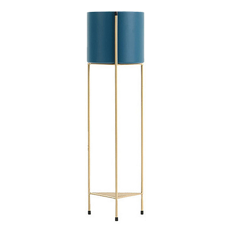 2 Layer Metal Plant Stand 81cm Gold with Blue Pot Indoor Outdoor Corner Display