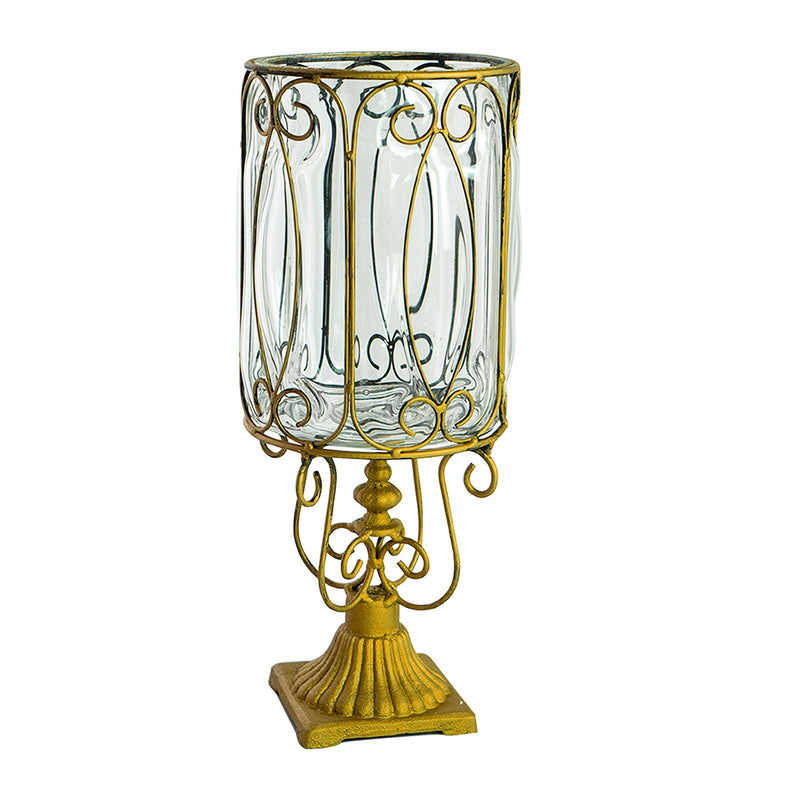 European Clear Glass Cylinder Vase Gold Metal Pattern 38cm Home Decor